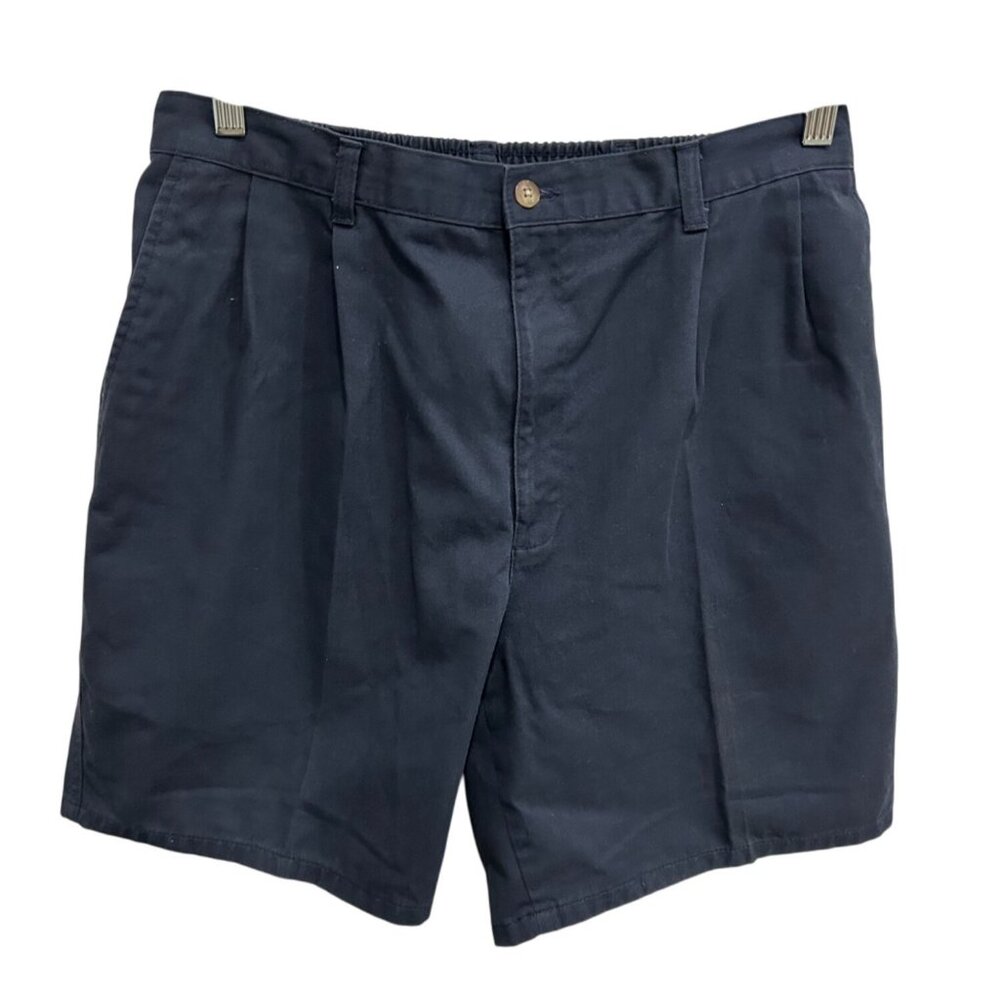 Mens Navy Pleated Chino Shorts Elastic Back Waistband Sz 38